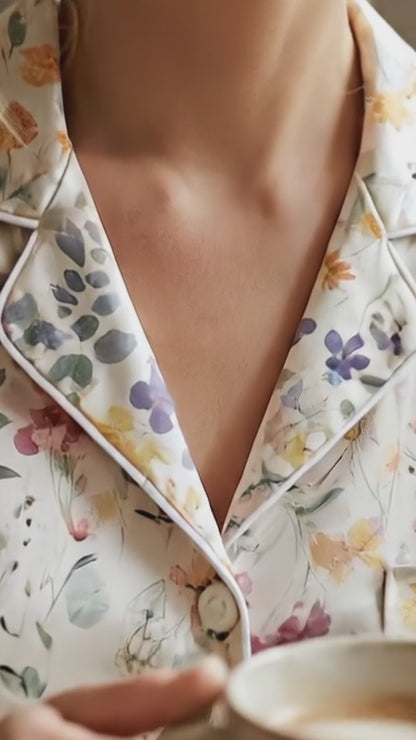 PJ-175-Pastel Floral Satin Pajama Set With Button Up Shirt And Soft Matching Bottoms