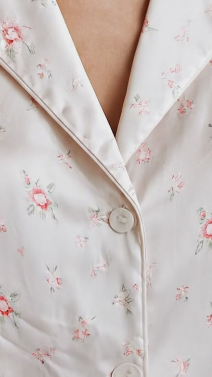 PJ-161-Satin White Ditsy Rose Classic Piping Button Up Pajama Set