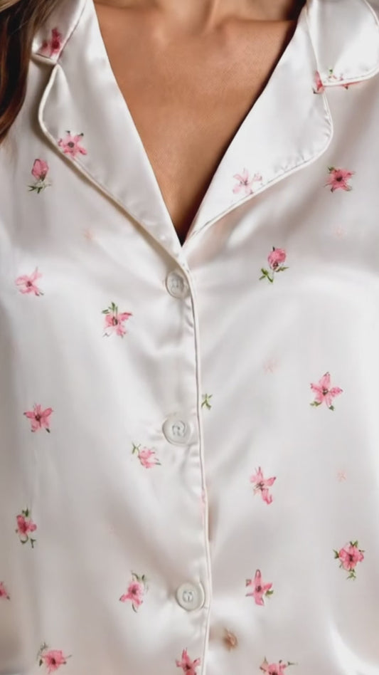 PJ-122-Women Ditsy Floral Print Satin Pajamas Tiny Blossom Loungewear Sleepwear Nightwear Pink White Pjs Two Piece Set FREE SHIPPING