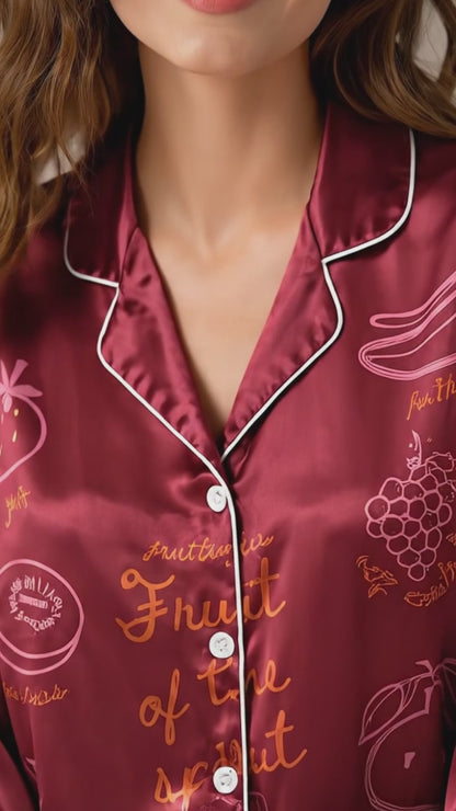 PJ-140-Unisex Satin Pajamas with Fruit of the Spirit Burgundy Print Button Front Sleepwear Set FREE SHIPING