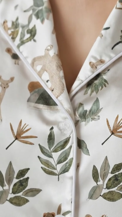 PJ-193-Forest Animal Satin Sleepwear Set With Bear Deer Leaves And Comfortable Matching Pajama Bottoms