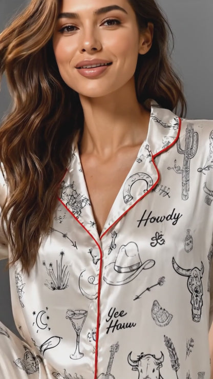 PJ-098-Unisex Western Cowboy Rodeo Satin Pajama Set with High Quality Ranch Illustration Print FREE SHIPING