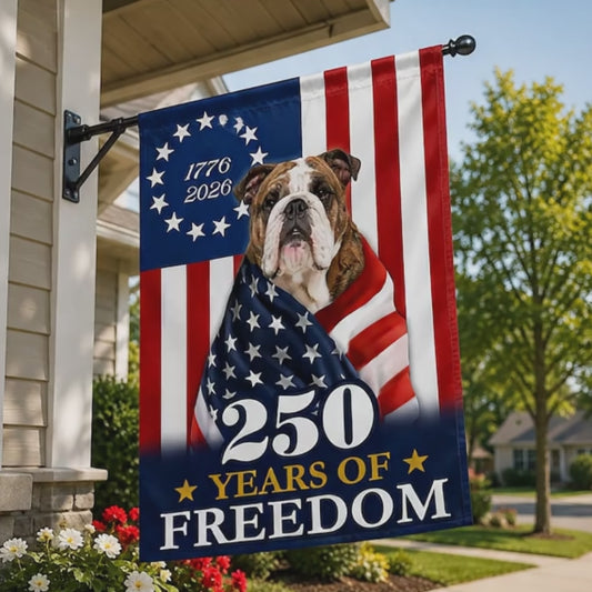 FLG-376-Patriotic USA Garden Flag, Bulldog Semiquincentennial 250th Anniversary Banner Outdoor Decoration