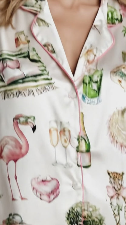 PJ-076-Satin White Retro Flamingo Pink Piping Button Up Pajama Set