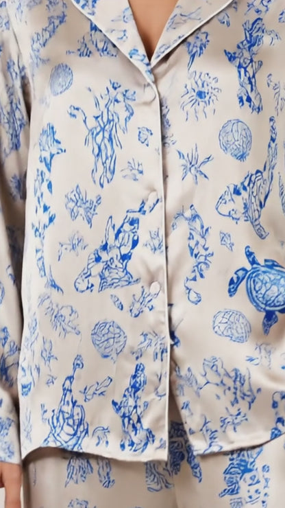 PJ-073-Satin Colorful Marine Life Classic Piping Button Up Pajama Set
