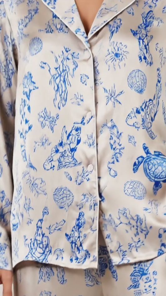 PJ-073-Satin Colorful Marine Life Classic Piping Button Up Pajama Set FREE SHIPPING