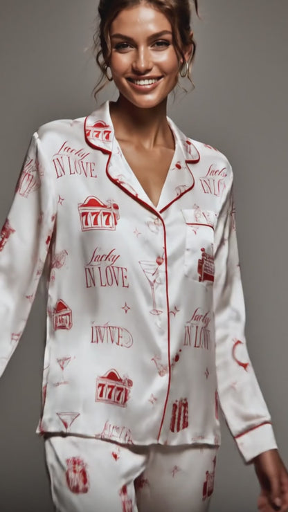 PJ-097-Vegas Inspired Satin Pajama Set, Red Lucky In Love Print, Soft Button Up Nightwear Gift