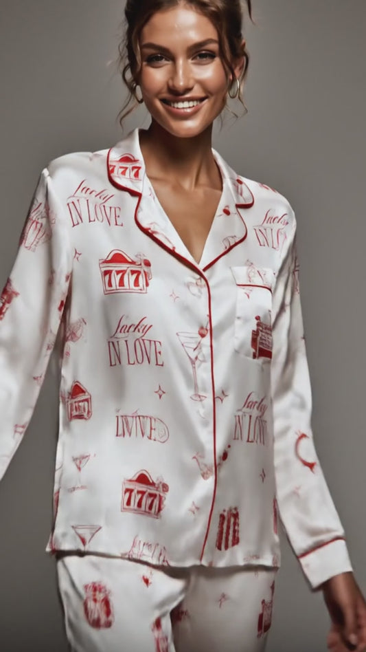 PJ-097-Vegas Inspired Satin Pajama Set, Red Lucky In Love Print, Soft Button Up Nightwear Gift FREE SHIPPING