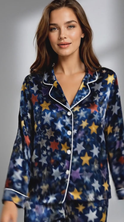 PJ-085-Unisex Star Pajama Set with Colorful Celestial Star Pattern and Matching Sleepwear