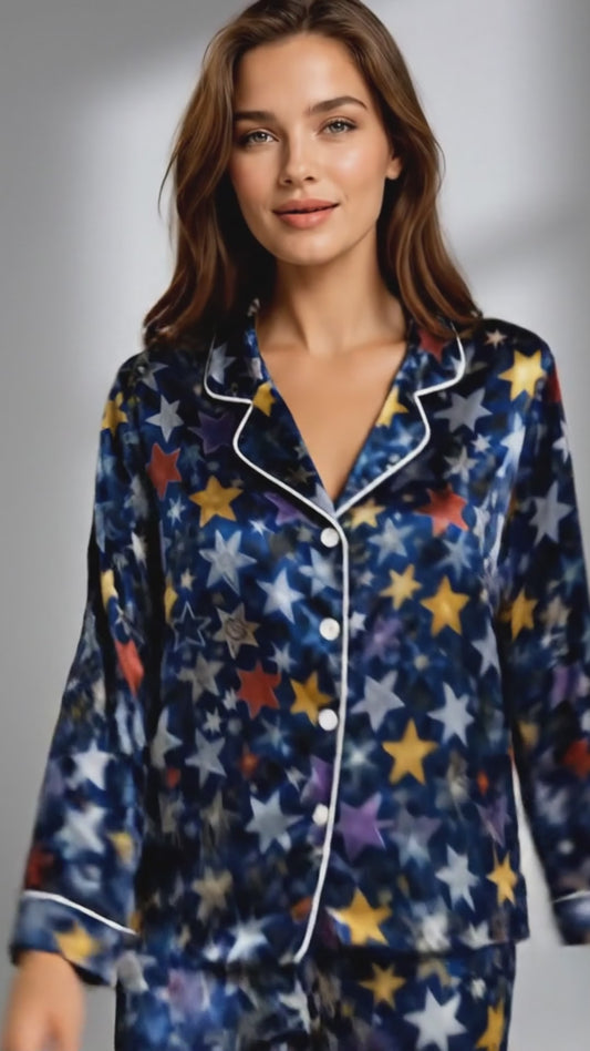 PJ-085-Unisex Star Pajama Set with Colorful Celestial Star Pattern and Matching Sleepwear FREE SHIPPING