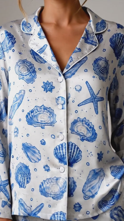 PJ-070-Satin Blue Seashell White Piping Button Up Pajama Set