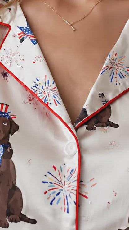 PJ-145-Unisex Chocolate Labrador Dog Satin Pajamas Patriotic 4th Of July Loungewear Sleepwear Nightwear Pjs Two Piece