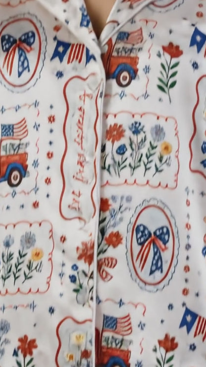 PJ-212-Unisex Satin Pajama Set with Patriotic Goose Truck Floral Print Button Down Sleepwear Shirt and Pants