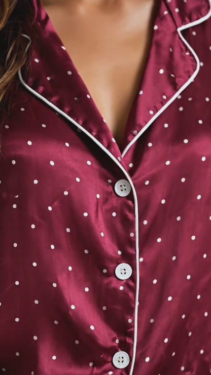PJ-126-Women Polka Dot Print Satin Pajamas Classic Spot Loungewear Sleepwear Nightwear Burgundy White Pjs Two Piece Set FREE SHIPING