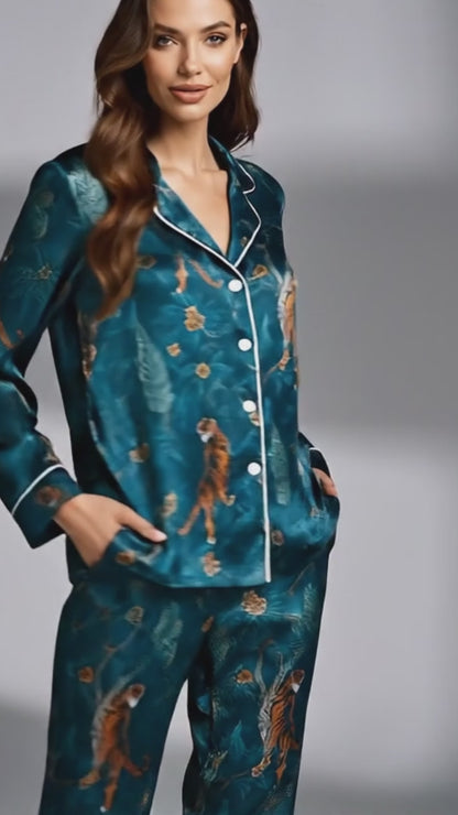 PJ-058-Satin Teal Exotic Jungle White Piping Button Up Pajama Set
