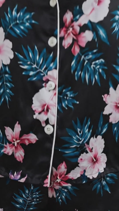 PJ-163-Satin Black Teal Hibiscus White Piping Button Up Pajama Set