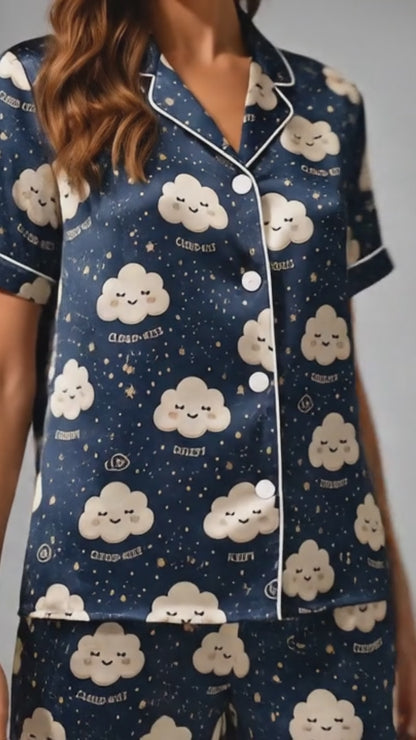 PJ-039-Satin Dreamy Cloud White Piping Button Up Pajama Set