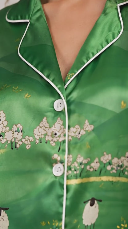 PJ-188-Countryside Sheep Satin Sleepwear Set With Floral Field Design And Comfortable Matching Pajama Bottoms