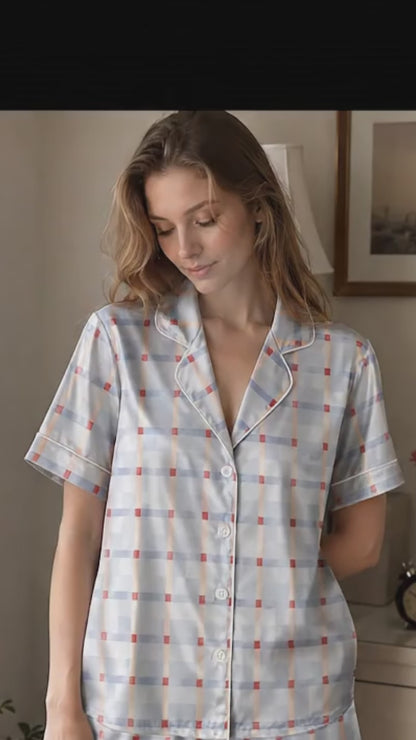 PJ-151-Unisex Satin Pajama Set with Blue Plaid Print Button Down Sleepwear Shirt and Pants