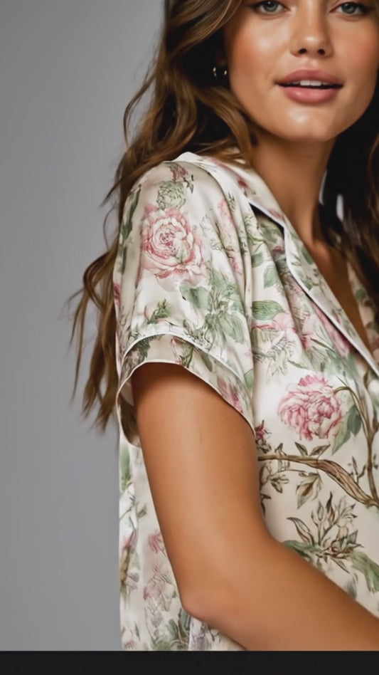 PJ-127-Cream Chinoiserie Peony Floral Print Satin Pajamas Oriental Blossom Loose Fit Loungewear Sleepwear Nightwear Pjs Clothing Set FREE SHIPPING