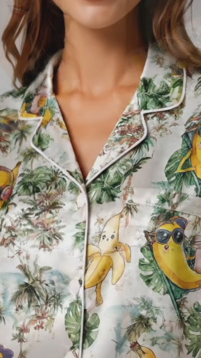 PJ-035-Satin Tropical Banana White Piping Button Up Shortie Pajama Set