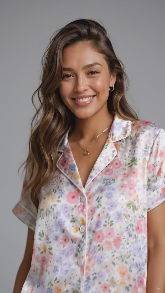 PJ-113-Pink Ditsy Floral Print Satin Pajamas Cottagecore Wildflower Loose Fit Loungewear Sleepwear Nightwear Pjs Clothing Set FREE SHIPPING