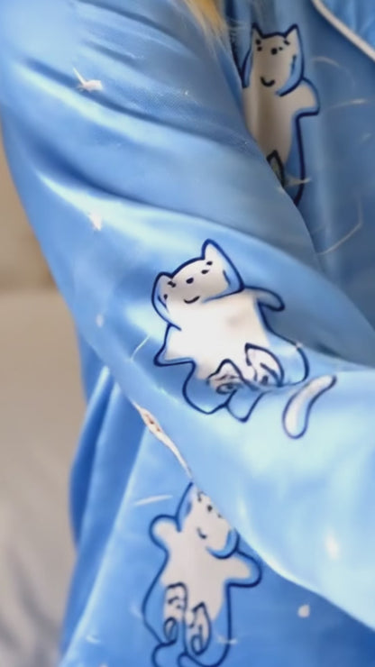 PJ-157-Satin Sky Blue Celestial Kitty White Piping Button Up Pajama Set