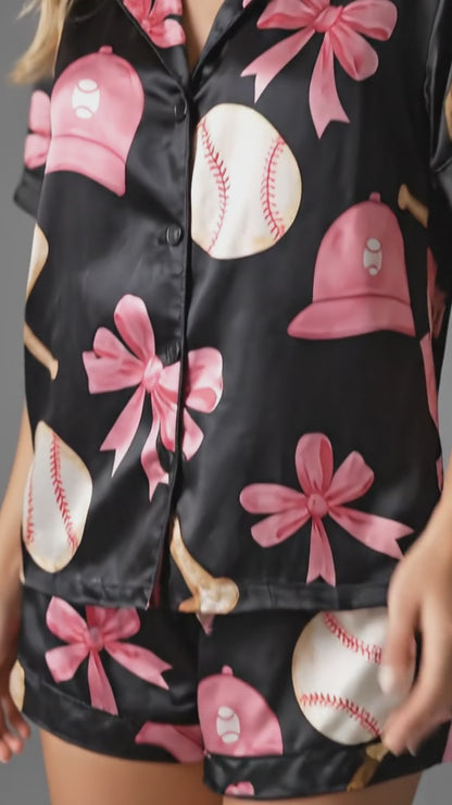 PJ-237- Sporty Baseball Satin Pajama Set With Button Up Top And Comfortable Matching Bottoms