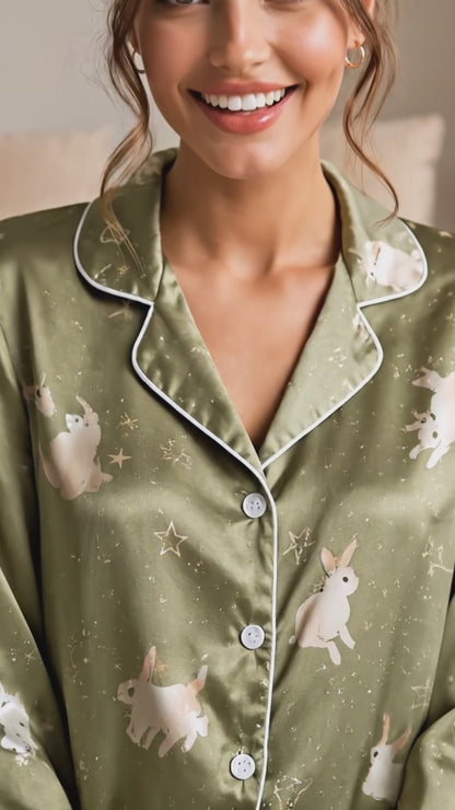 PJ-129-Sage Green Rabbit Bunny Print Satin Pajamas Whimsical Starry Loose Fit Loungewear Sleepwear Nightwear Pjs Clothing Set