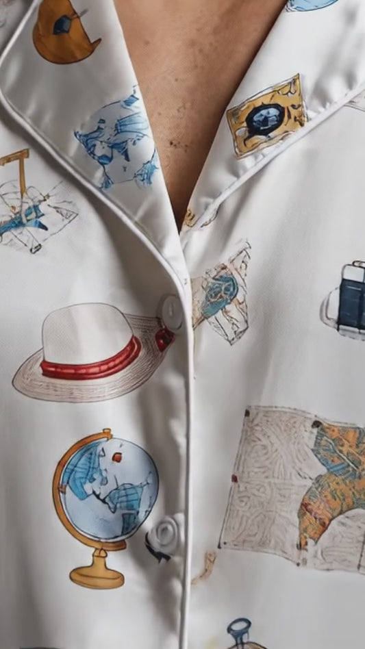 PJ-253-White Travel Suitcase Satin Pajama Set, Passport Camera Graphic Loungewear Sleepwear Collection Outfit