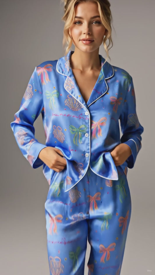 PJ-206-The Mermaidcore Coastal Bow Satin Sleep Set FREE SHIPPING