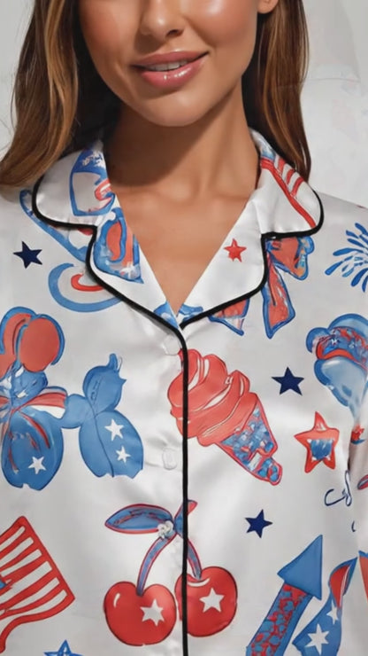 PJ-018-Satin Americana Black Piping Button Up Long/Short Pajama Set