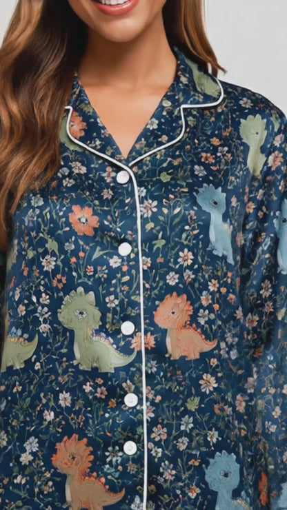 PJ-033-Satin Floral Dinosaur White Piping Button Up Long/Short Pajama Set