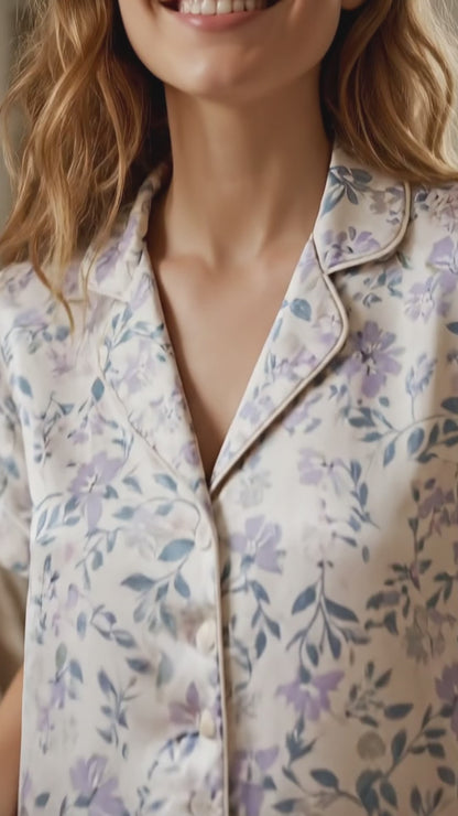 PJ-174-Satin White Pastel Lilac Floral Classic Piping Button Up Pajama Set