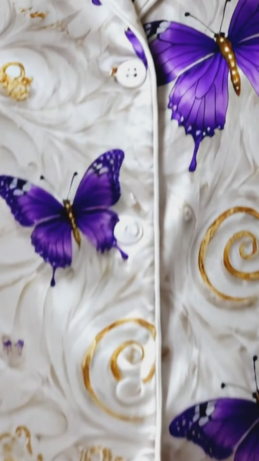 PJ-247-Purple Butterfly Satin Pajama Set, Marble Swirl Graphic Print Loungewear Nightwear Collection