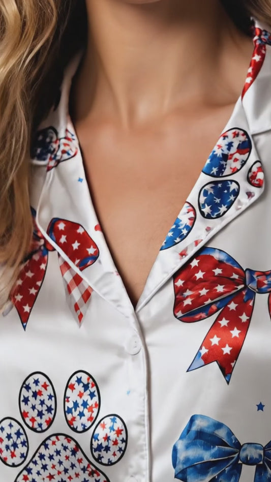 PJ-213-Unisex Satin Pajama Set with Patriotic Paw Bow Print Button Down Sleepwear Shirt and Pants