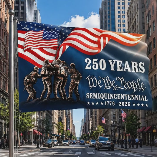 FLG-370-Blue Patriotic USA Flag, United States Semiquincentennial 250th Anniversary Soldiers Banner Outdoor Decoration