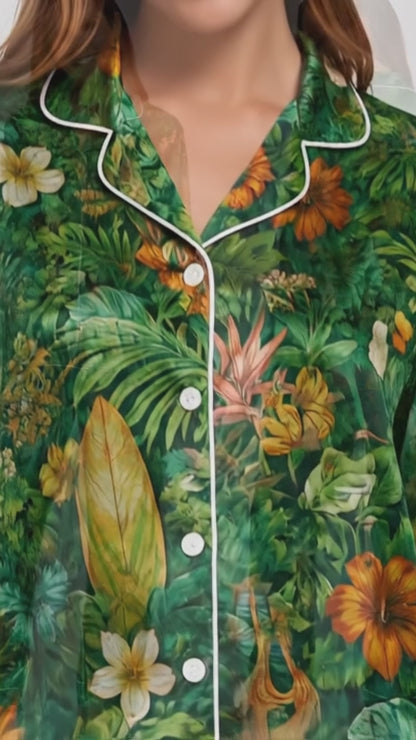 PJ-032-Satin Tropical Jungle White Piping Button Up Long/Short Pajama Set
