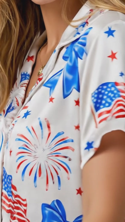PJ-208-Fourth July Satin Pajama Set, Graphic Star Bow Patterned White Unisex Loungewear Nightwear Apparel