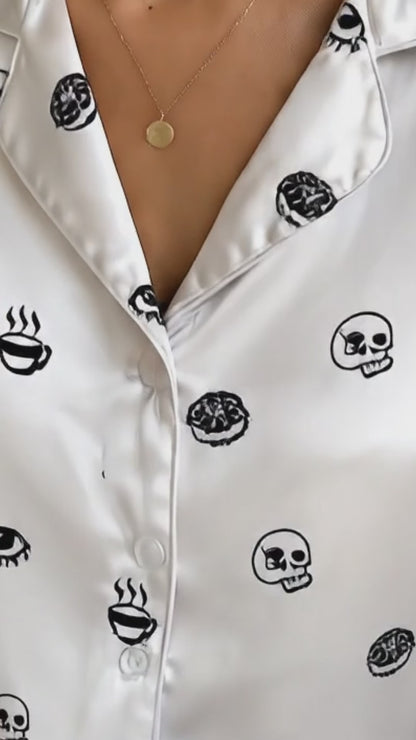 PJ-155-Unisex Satin Pajama Set with Black Skull Eye Print White Button Down Sleepwear Shirt and Bottoms