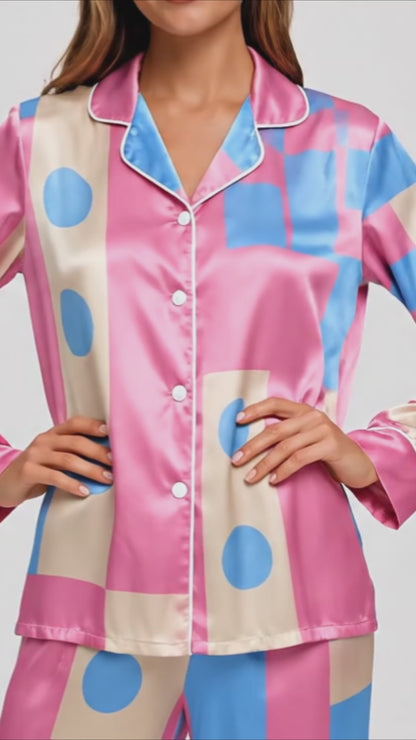 PJ-003-Pink Blue Geometric Block Satin Pajama Set, Cream Graphic Polkadot Loungewear Sleepwear Nightwear