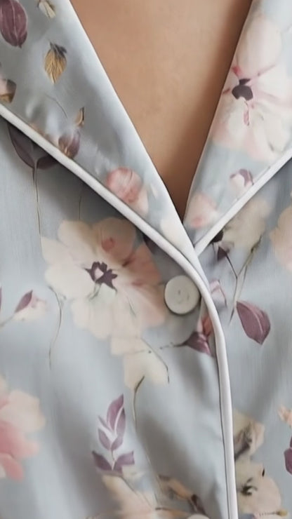PJ-177-Pastel Blue Flower Satin Sleepwear Set With Botanical Print And Comfortable Matching Pajama Bottoms