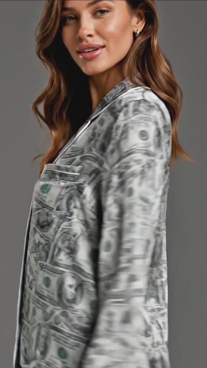PJ-065-Silk Satin Button-Up Pajama Set Featuring High-Definition Dollar Bill Print