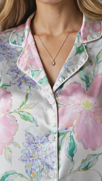 PJ-225-Rose Blossom Satin Pajama Set, Graphic Lilac Bouquet Patterned White Unisex Loungewear Nightwear Apparel