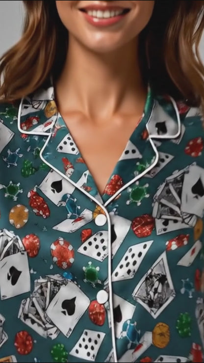 PJ-054-Casino Print Pajama Set Featuring Playing Cards, Poker Chips, Dice, and Gaming Artwork