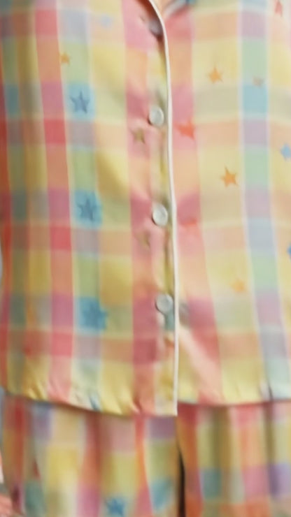 PJ-239-Rainbow Checkered Satin Sleepwear Star Pattern with Piping Details