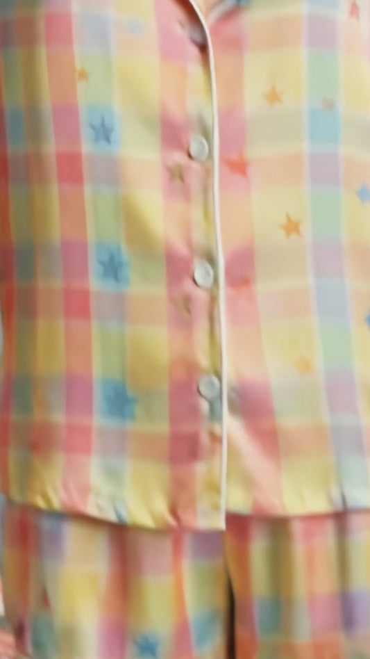 PJ-239-Rainbow Checkered Satin Sleepwear Star Pattern with Piping Details FREE SHIPPING