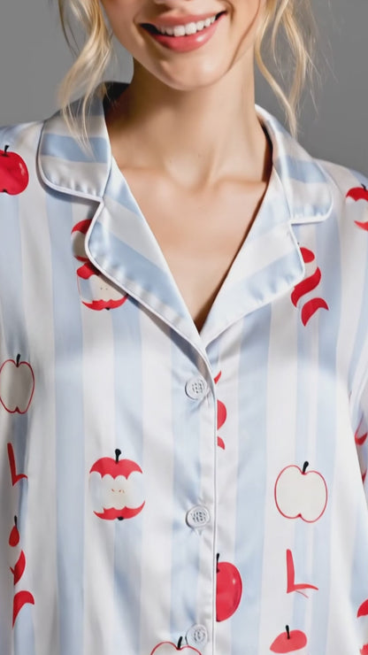 PJ-142-Unisex Satin Pajama Set with Red Apple Print Blue Striped Button Down Sleepwear Shirt and Pants