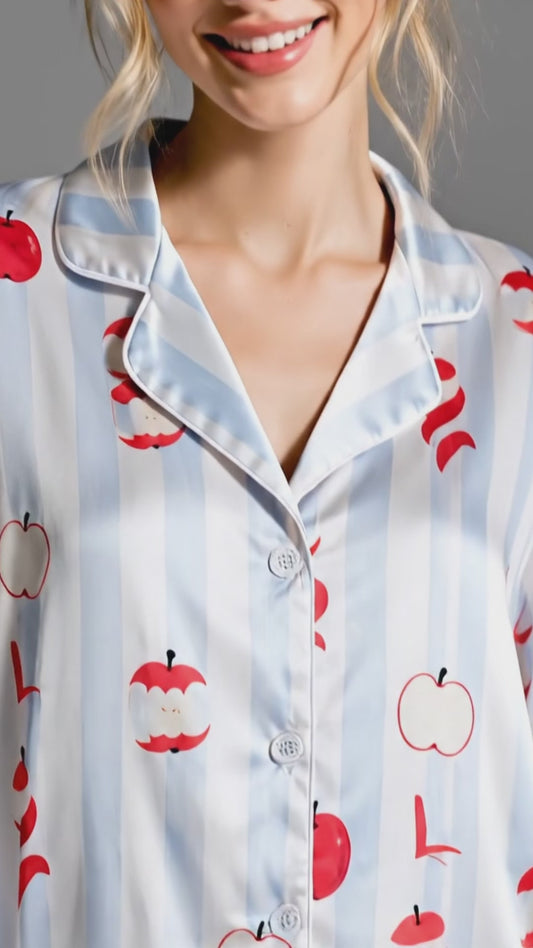 PJ-142-Unisex Satin Pajama Set with Red Apple Print Blue Striped Button Down Sleepwear Shirt and Pants FREE SHIPPING