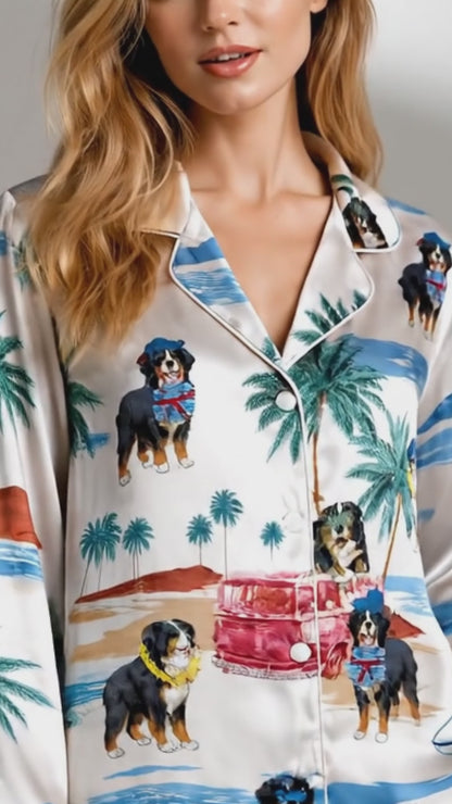 PJ-081-Tropical Dog Pajama Set with Sunglasses Dogs, Vintage Car, and Summer Beach Artwork